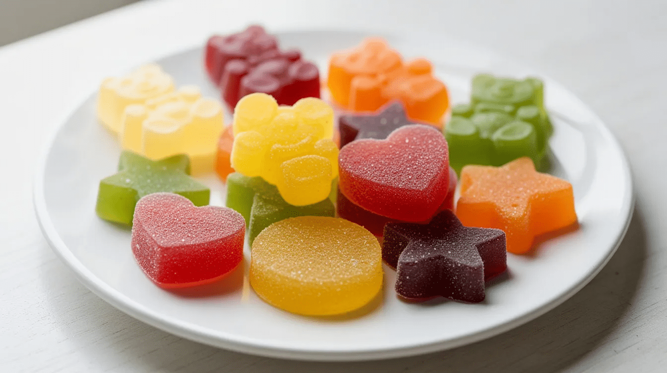 A white plate is filled with colorful homemade gummy snacks shaped like bears and hearts, showcasing a delightful assortment of fruit snacks. These vibrant treats, made with sugar-free jello and fruit juice, are perfect for satisfying a sweet tooth in a fun and healthy way.