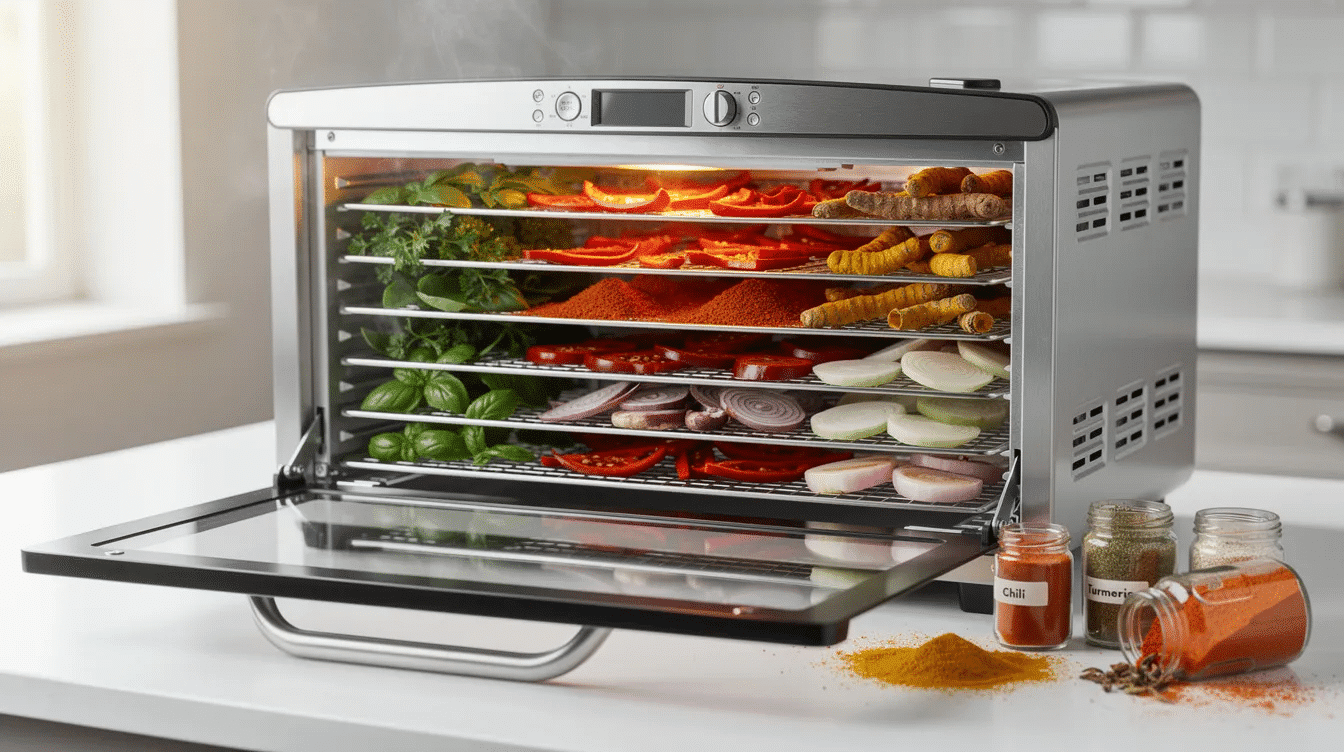 The image features a variety of dehydrator spices, including onion powder, garlic powder, and a selection of dried herbs like parsley, basil, and thyme, all arranged on a dehydrator tray. These home-dried spices are perfect for preserving food and enhancing flavor in recipes while minimizing food waste.