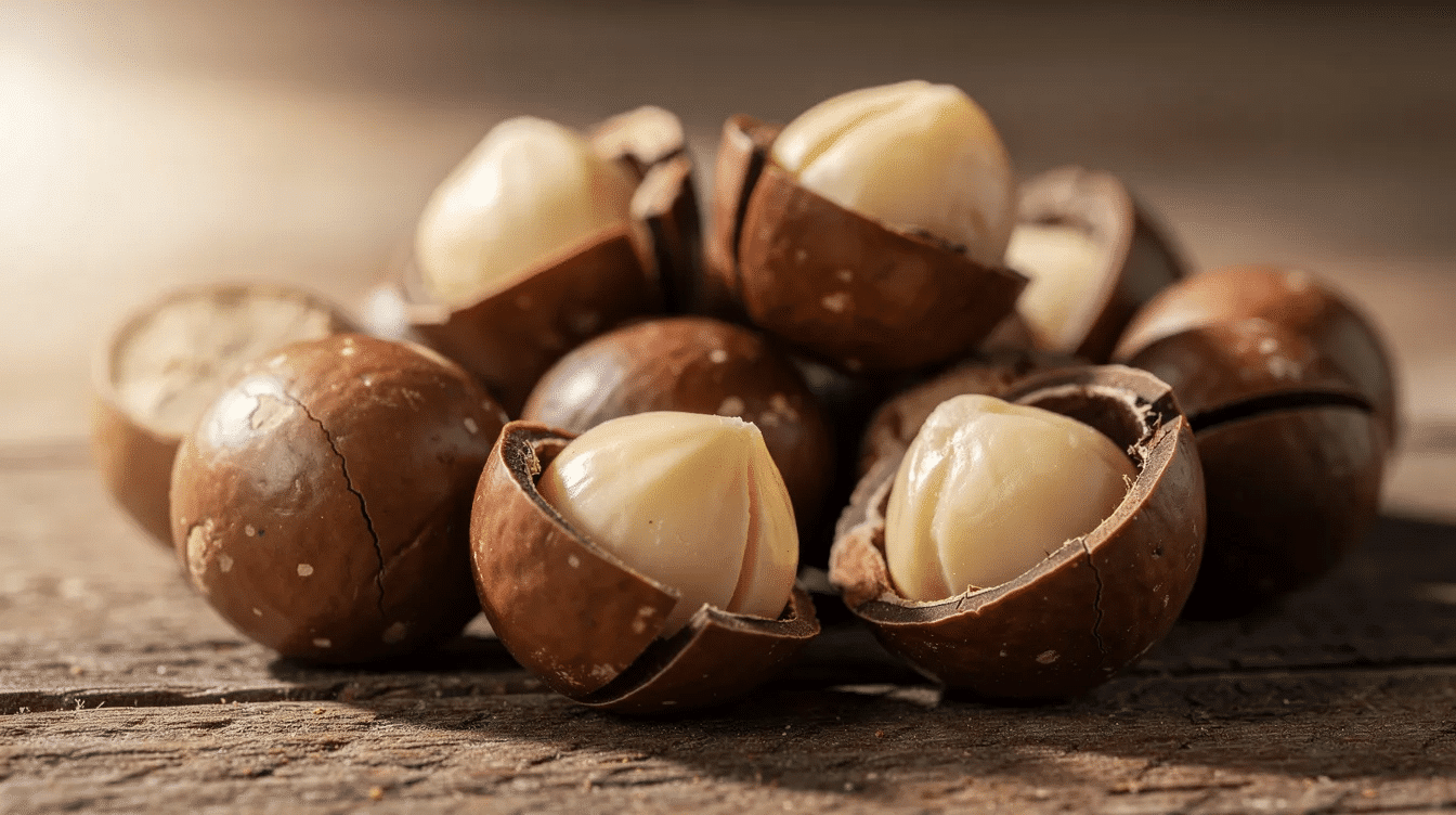 The image showcases a pile of macadamia nuts, prized for their rich flavor and health benefits, displayed in an airtight container. These expensive dry fruits are native to Australia and are cultivated for their sweet taste and high demand in culinary applications around the world.