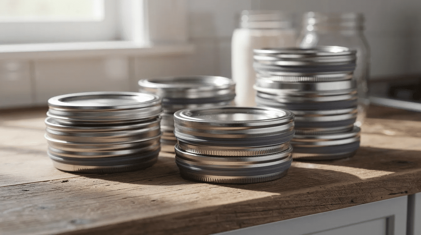 The image features a collection of reusable canning lids, including metal lids and Tattler lids, designed for use with glass canning jars. These lids are part of home canning supplies, showcasing their potential for pressure canning and food preservation while promoting sustainable practices by allowing users to reuse canning lids.