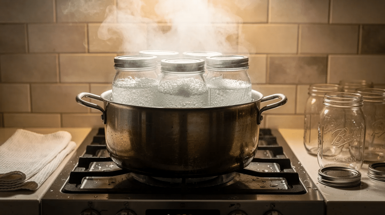 A large pot filled with boiling water sits on a stovetop, containing several submerged canning jars filled with a mixture of concentrated fruit pulp and lemon juice, showcasing the water bath canning process for preserving soft fruit jellies and jams. The scene captures the essence of home canning, emphasizing the importance of proper heat and processing times to prevent spoilage.