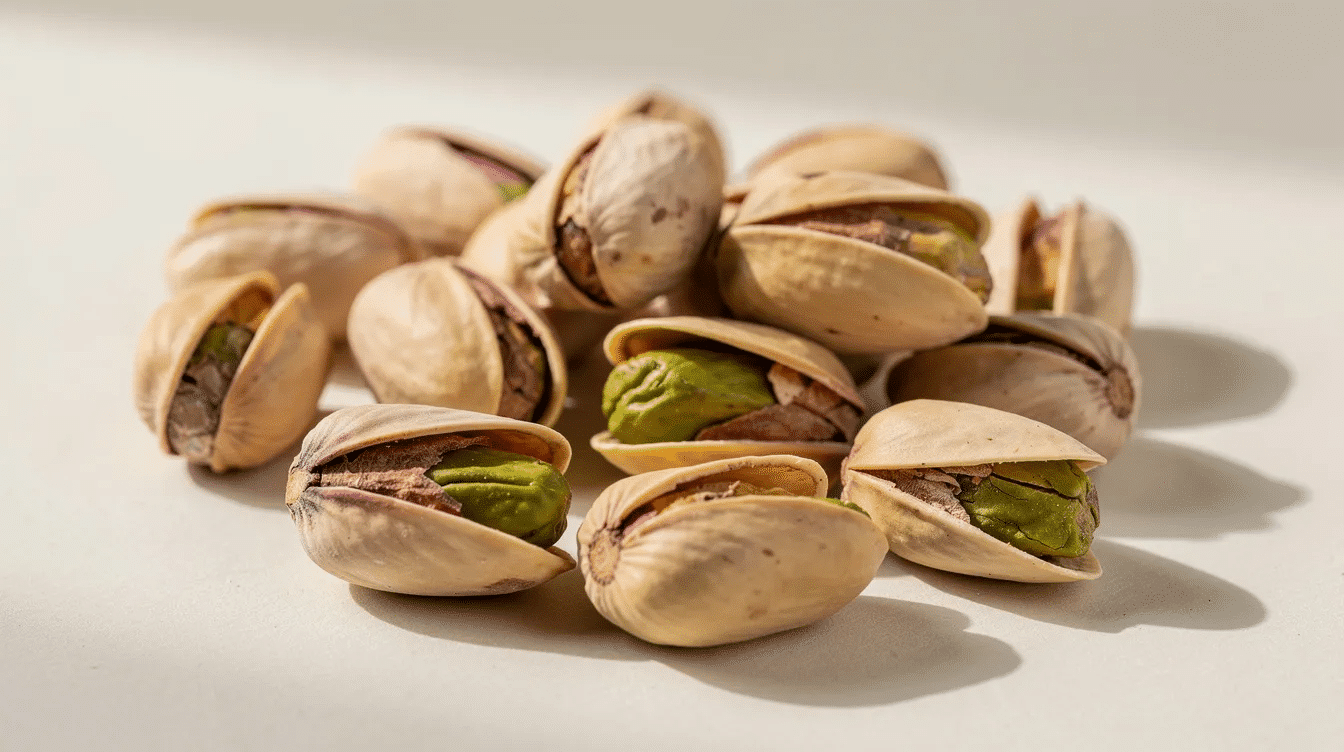 The image features a bowl of vibrant green pistachios, showcasing their unique brain-shaped appearance and creamy texture. Known for their incredible health benefits, these nuts are packed with healthy fats and essential nutrients, making them a great addition to a balanced diet for heart and brain health.