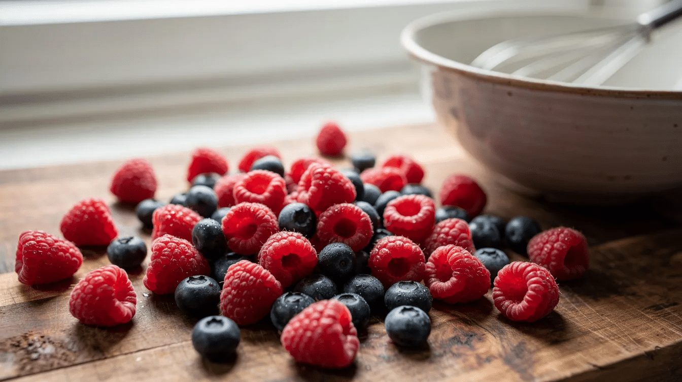 Fresh raspberries and blueberries are scattered on a wooden cutting board, creating a vibrant display of healthy fruit. Next to them, a mixing bowl rests, suggesting preparation for a delicious fruit snack or dessert.