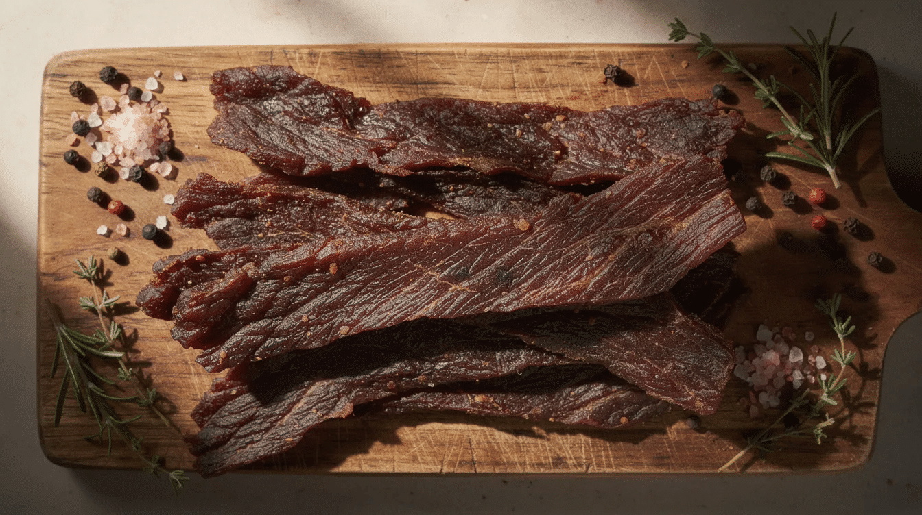 The image shows homemade beef jerky strips neatly arranged on a wooden cutting board, accompanied by scattered peppercorns and fresh herbs, highlighting a nutritious snack option for managing diabetes. This dehydrated food is rich in protein and essential nutrients, making it a perfect choice for outdoor adventures or as a healthy addition to meals.
