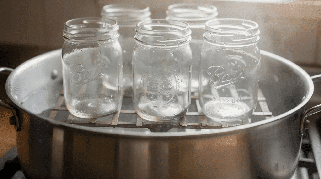The image depicts several mason jars arranged on an improvised rack within a large stainless steel stockpot, which is filled with boiling water for water bath canning. This setup is commonly used for home food preservation, especially for high acid foods like pickled vegetables and jams.
