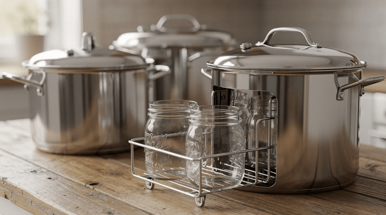 The image showcases a set of water bath canners, designed for home canning with a focus on quality and durability. These sleek machines feature jars and lids arranged neatly, highlighting their compact design and reliability for preserving beverages like cider and wine.
