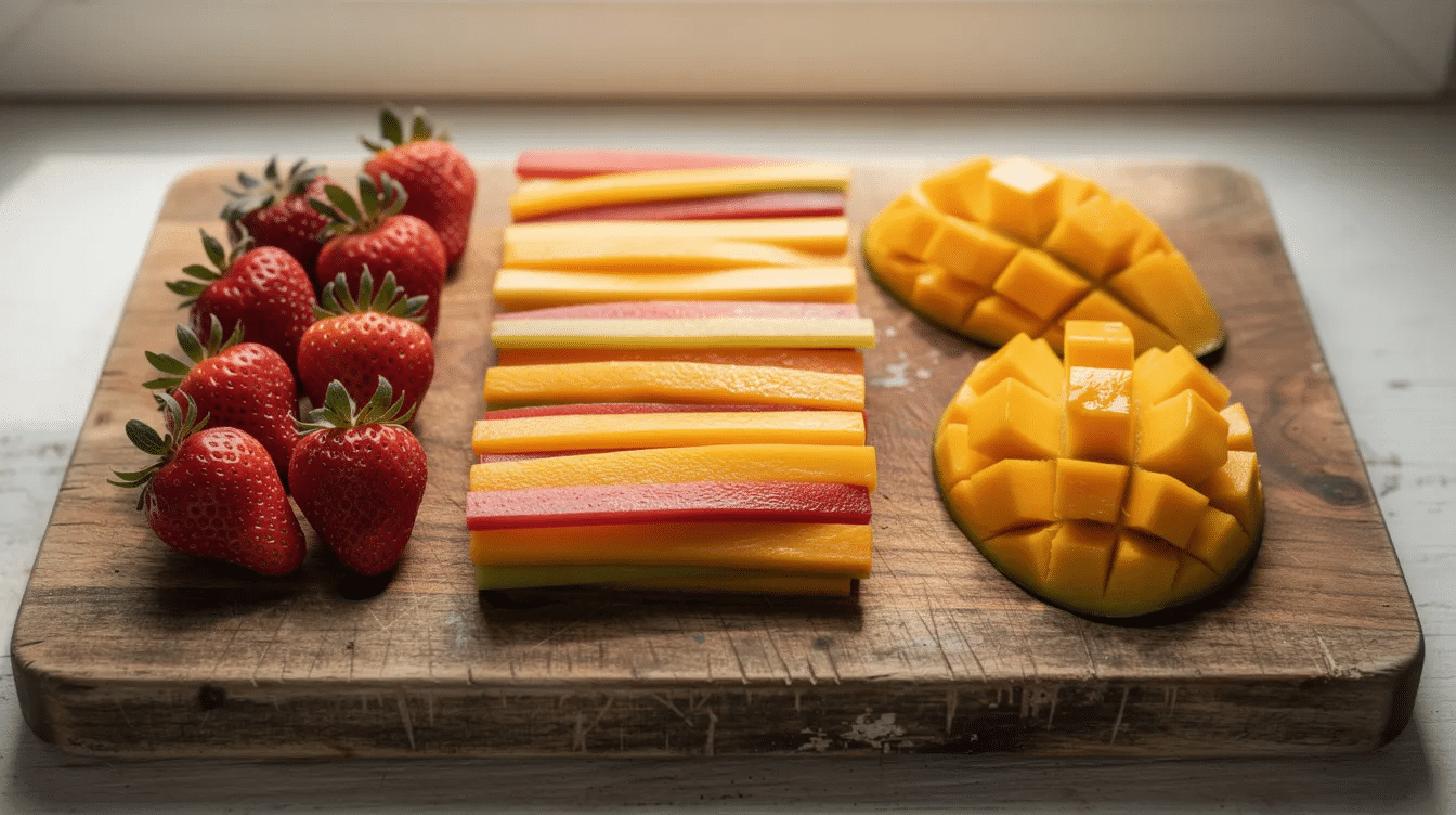 The image features colorful fruit strips laid out on a rustic wooden cutting board, accompanied by fresh strawberries and slices of ripe mango. This vibrant arrangement highlights healthy fruit snacks that are both delicious and appealing for kids.