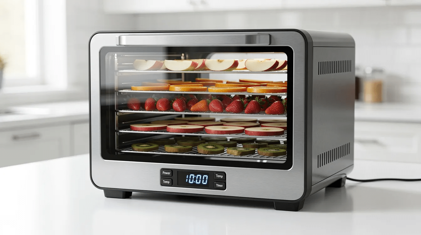 September 15, 2026 | The image shows a food dehydrator, a kitchen appliance designed to remove moisture from fruits, vegetables, and meats, allowing for long-term storage and improved shelf life. It features multiple trays for drying food evenly and operates using hot air and proper airflow, making it an energy-efficient option for preserving food while minimizing electricity usage.