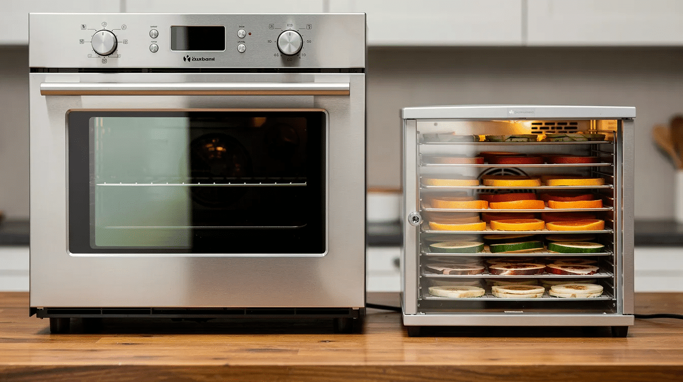 September 15, 2026 | The image shows a side-by-side comparison of a kitchen oven and a countertop food dehydrator placed on a wooden surface, highlighting the differences in design and size. The food dehydrator, designed for energy efficiency, is equipped with trays for drying thin slices of fruits, vegetables, and herbs, while the oven is a traditional cooking appliance used for baking and roasting.