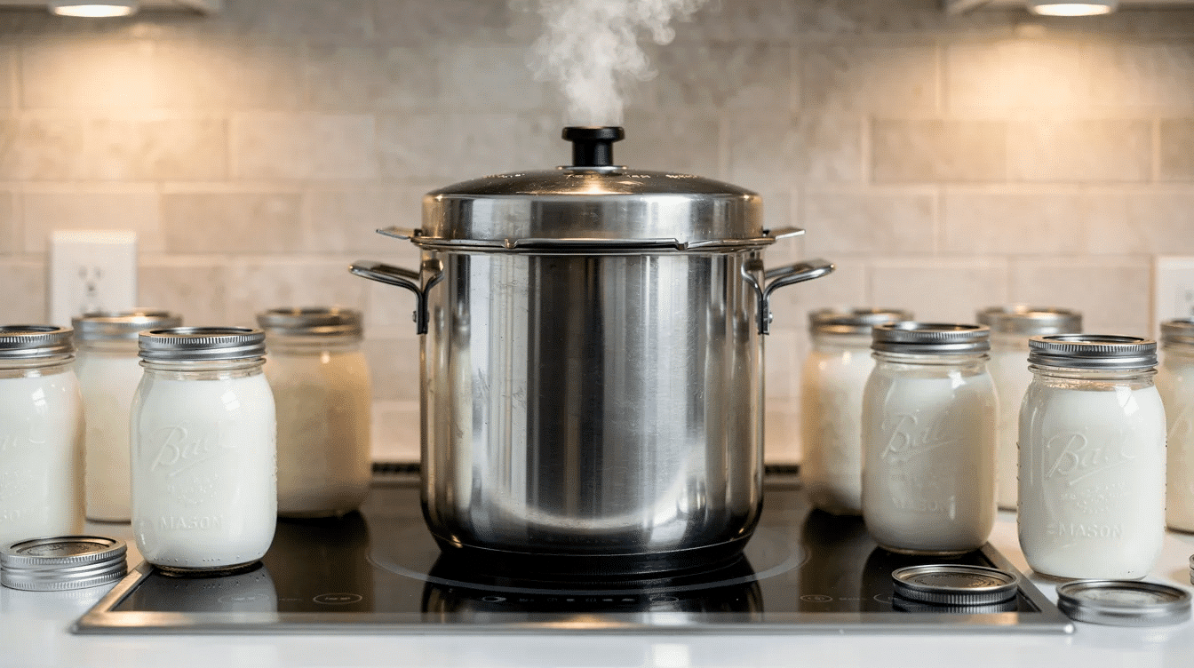 A pressure canner sits on a stovetop, actively venting steam, while several Mason jars filled with fresh milk surround it. This scene depicts the canning process for preserving dairy products, emphasizing the importance of safely pressure canning milk for long-term storage.
