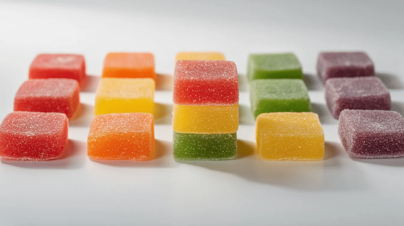 The image features a colorful assortment of square fruit snacks displayed in a box, showcasing various flavors and vibrant packaging. These sweet treats evoke a sense of nostalgia, reminiscent of childhood snacks often found in lunchboxes.