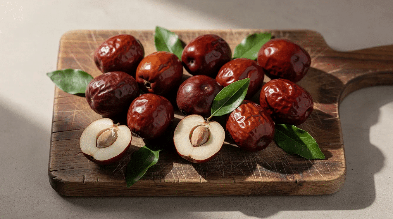 A collection of fresh red-brown jujube fruits is beautifully arranged on a rustic wooden cutting board, accompanied by vibrant green leaves. These jujubes, also known as Chinese dates, can be eaten fresh or used in the drying process to create delicious dried jujube fruit for various culinary applications.