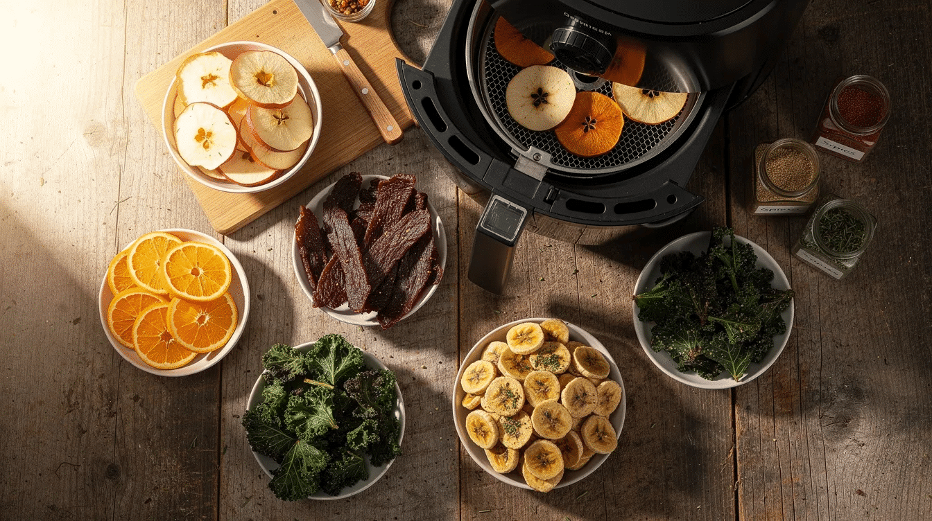 The image showcases a variety of dehydrated snacks made using an air fryer, including air fryer apple chips, air fryer dehydrated apricots, and air fryer cucumber chips, all neatly arranged in an air fryer basket. These delicious healthy snacks are prepared through a cooking process that involves thinly slicing the main ingredients and utilizing the dehydrator setting to create crispy, flavorful treats.