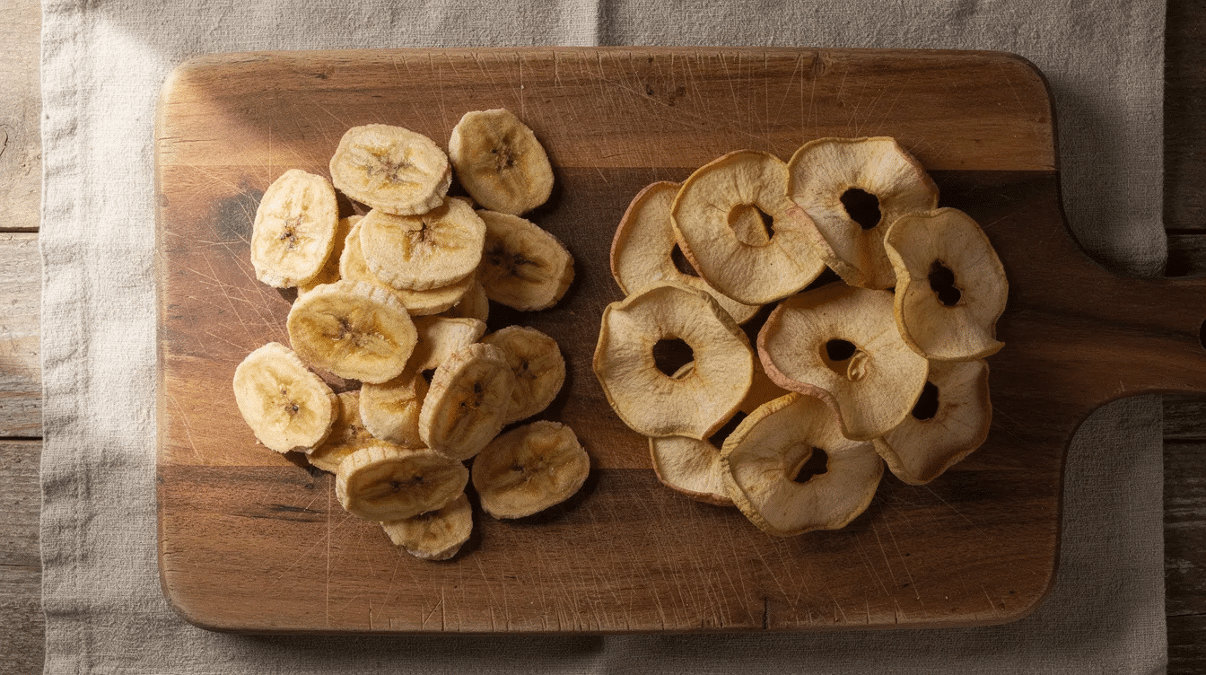 The image features golden dried banana chips and apple rings artistically arranged on a rustic wooden cutting board, showcasing a delicious healthy snack option. These dehydrated fruits, perfect for air frying, highlight the cooking process of transforming fresh ingredients into crispy treats.