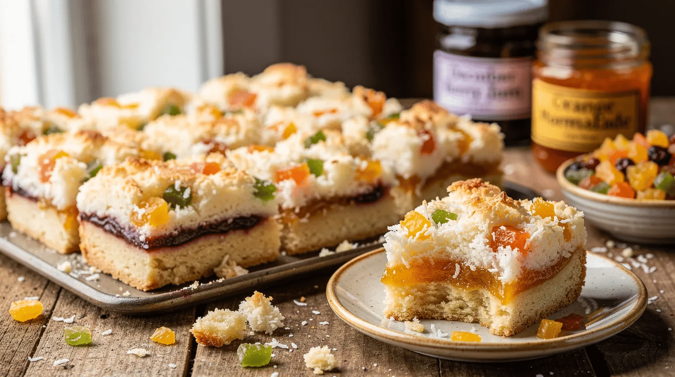 The image features a tray of Mixed Peel & Coconut Bakewell Bars, showcasing a golden brown buttery shortbread base topped with a fluffy coconut layer and studded with chewy mixed peel. The bars are drizzled with a vibrant ribbon of December berry jam or orange marmalade, creating a festive dessert that beautifully combines sweet and citrus flavors.