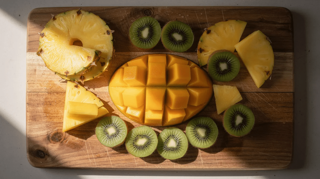 A vibrant arrangement of fresh tropical fruits, including mango, pineapple, and kiwi, is displayed on a wooden cutting board, showcasing their colorful hues and natural textures. This delightful mix of real fruit embodies pure deliciousness, perfect for healthy snacks or homemade fruit gummies.