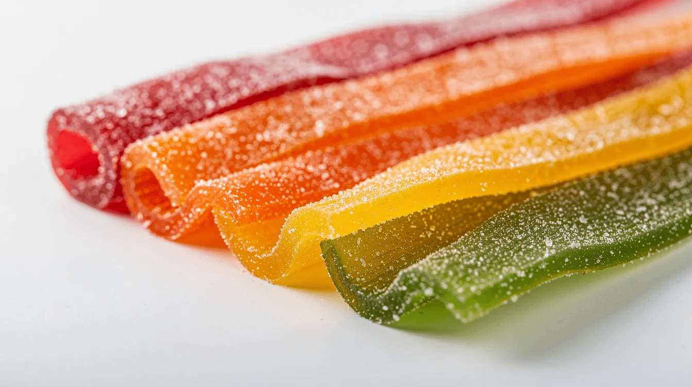 The image features a colorful assortment of fruit strips, showcasing various flavors such as strawberry, mango, and mixed berry. These healthy fruit snacks are packaged in a variety pack, appealing to kids and adults alike with their delicious taste and chewy texture.