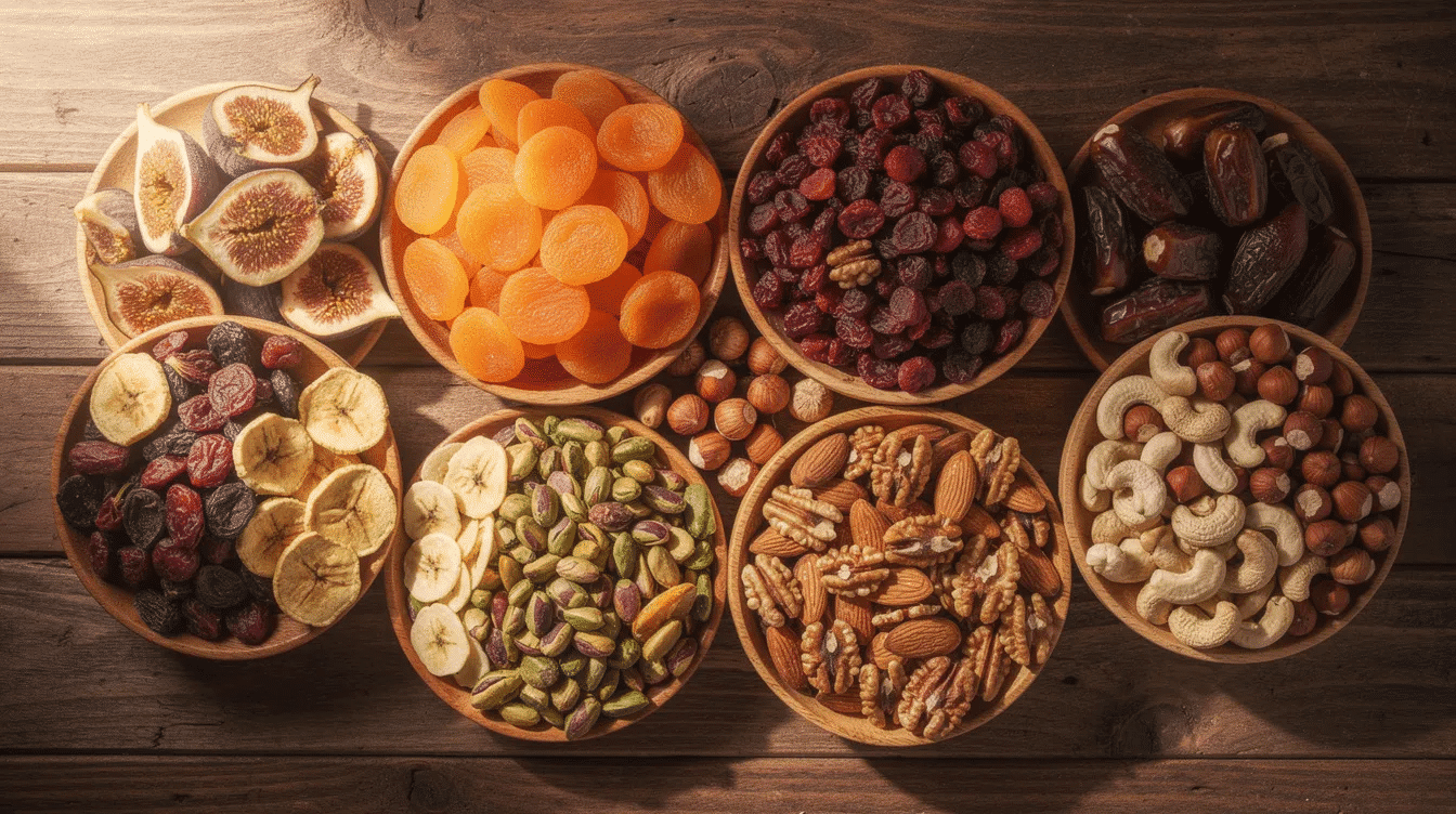 A colorful assortment of various dried fruits, including dried figs, apricots, and cranberries, along with nuts like almonds and walnuts, are beautifully arranged in wooden bowls on a rustic table, showcasing their natural sweetness and incredible health benefits. This vibrant display highlights the nutritional value of dried fruits, making them an ideal choice for healthy snacking and supporting overall health.