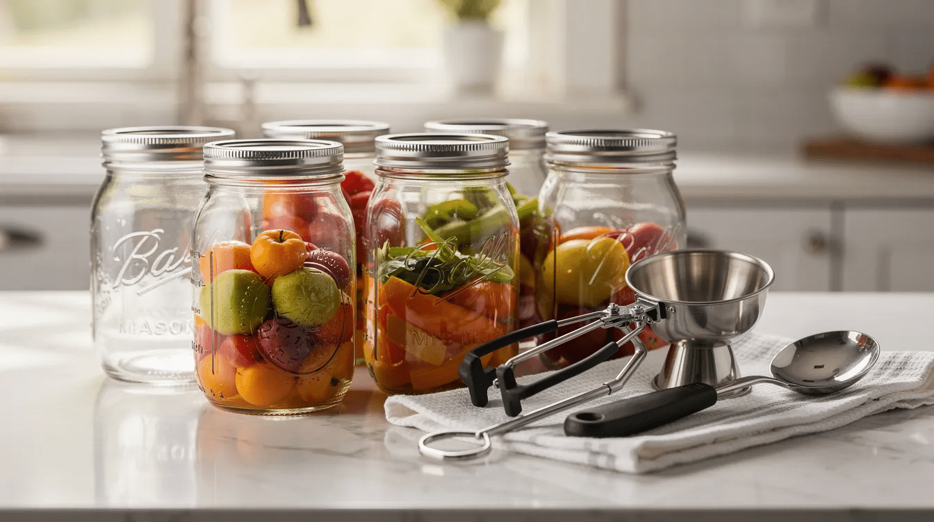 The image shows several glass mason jars with metal lids neatly arranged on a kitchen counter, accompanied by various canning tools. These jars are ready for canning pickled cucumbers and onions, featuring ingredients like fresh dill, apple cider vinegar, and spices for creating delicious homemade pickles.