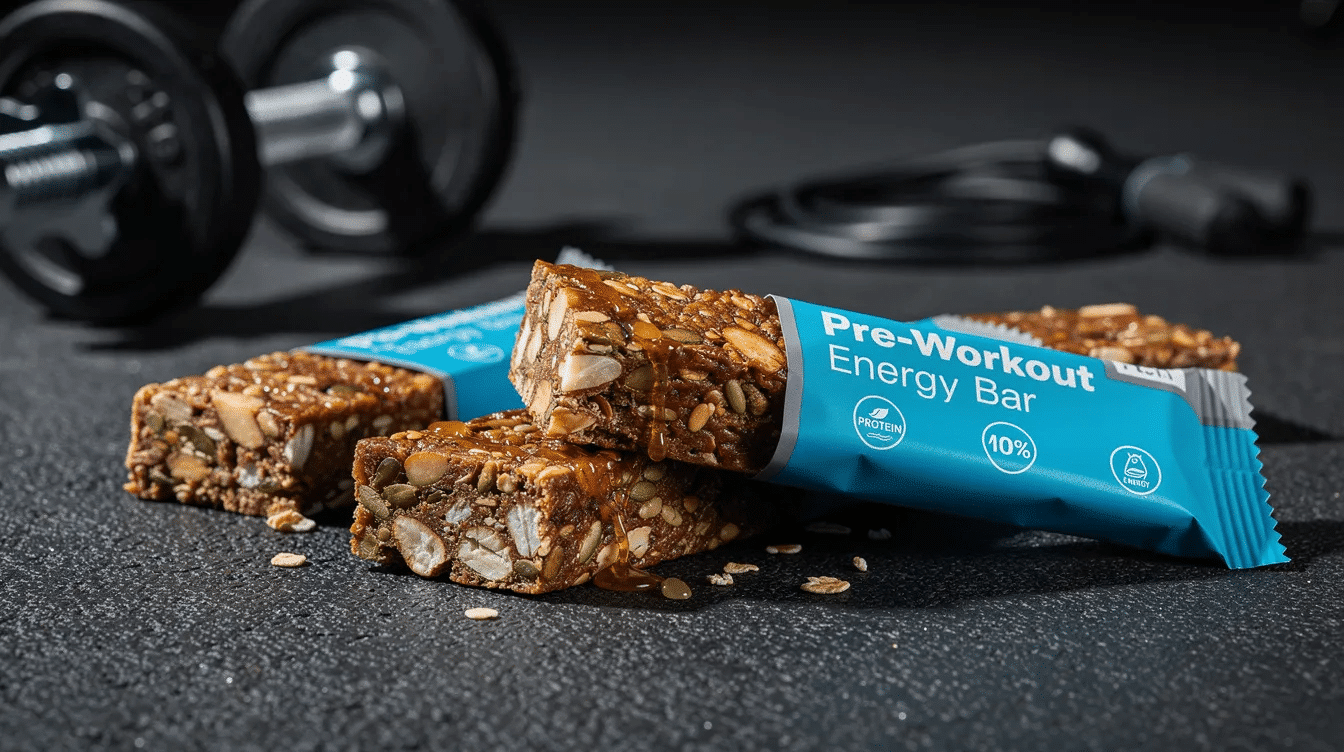 The image features a box of pre-workout energy bars, highlighting their dense, chewy texture and packed ingredients like almond butter, chocolate chips, and pumpkin seeds. These plant-based protein bars are gluten-free and designed for sustained energy, making them a delicious and healthy snack option for active individuals.