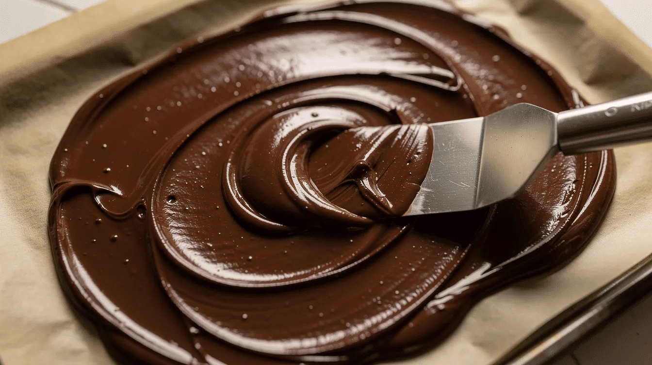 The image shows melted dark chocolate being spread across a parchment lined baking sheet with an offset spatula, creating a smooth layer that can be used for making healthy chocolate bark recipes. The rich, creamy texture of the chocolate suggests a delicious treat that may include nut butters or dried fruits.