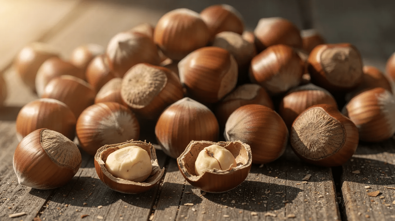 The image features a close-up of hazelnuts, showcasing their rich, dark brown color and smooth, creamy texture. These brain-shaped nuts are known for their incredible health benefits, including support for heart and brain health, making them a nutritious addition to a balanced diet.