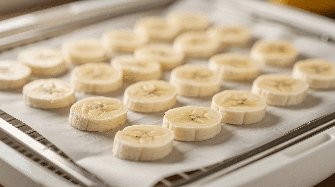 September 15, 2026 | A close-up view of sliced bananas neatly arranged on parchment paper inside an open dehydrator, showcasing the drying process for creating dehydrated fruit. The use of parchment paper helps prevent the sticky fruit from sticking to the dehydrator trays, ensuring a successful dehydration experience.
