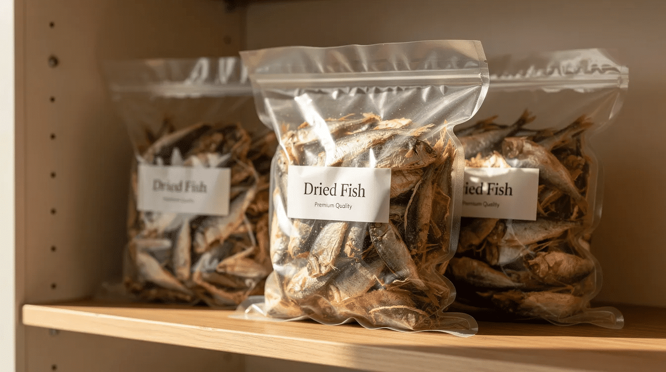 The image shows vacuum-sealed clear bags containing dried fish pieces, neatly arranged in a pantry. These dehydrated fish snacks are perfect for healthy treats or tasty snacks, showcasing a variety of textures and flavors ideal for meal prep or backpacking meals.