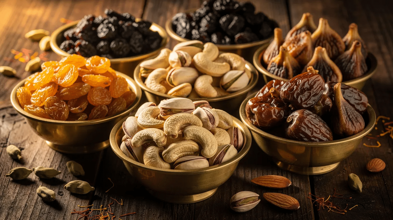 The image showcases an assortment of Indian dried fruits, including almonds, cashews, and dried figs, beautifully arranged in glass jars. These nutrient-dense dry fruits are known for their naturally sweet taste and health benefits, making them a popular choice in Indian kitchens for both snacking and traditional recipes.
