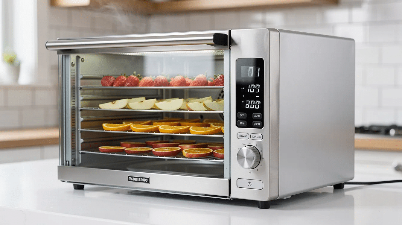 The image features a stainless steel food dehydrator with multiple plastic trays stacked inside, showcasing an array of dehydrated foods such as apple chips and kale chips. The device is designed for food preservation, featuring digital controls for precise temperature control and removable drip trays for easy cleaning.