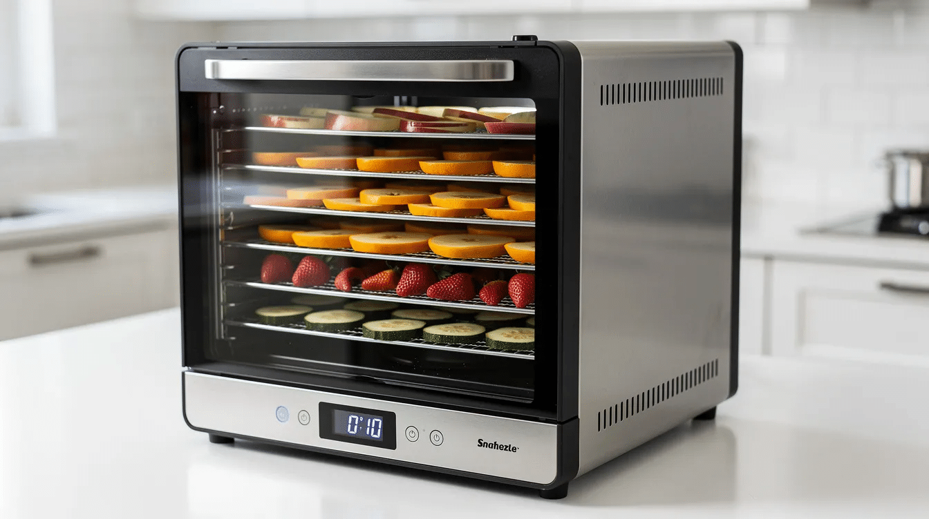The image features a sleek stainless steel food dehydrator machine with multiple trays, showcasing various delicious foods like beef jerky and dried fruits. It highlights the device's temperature control and large capacity, making it ideal for both household and commercial use.