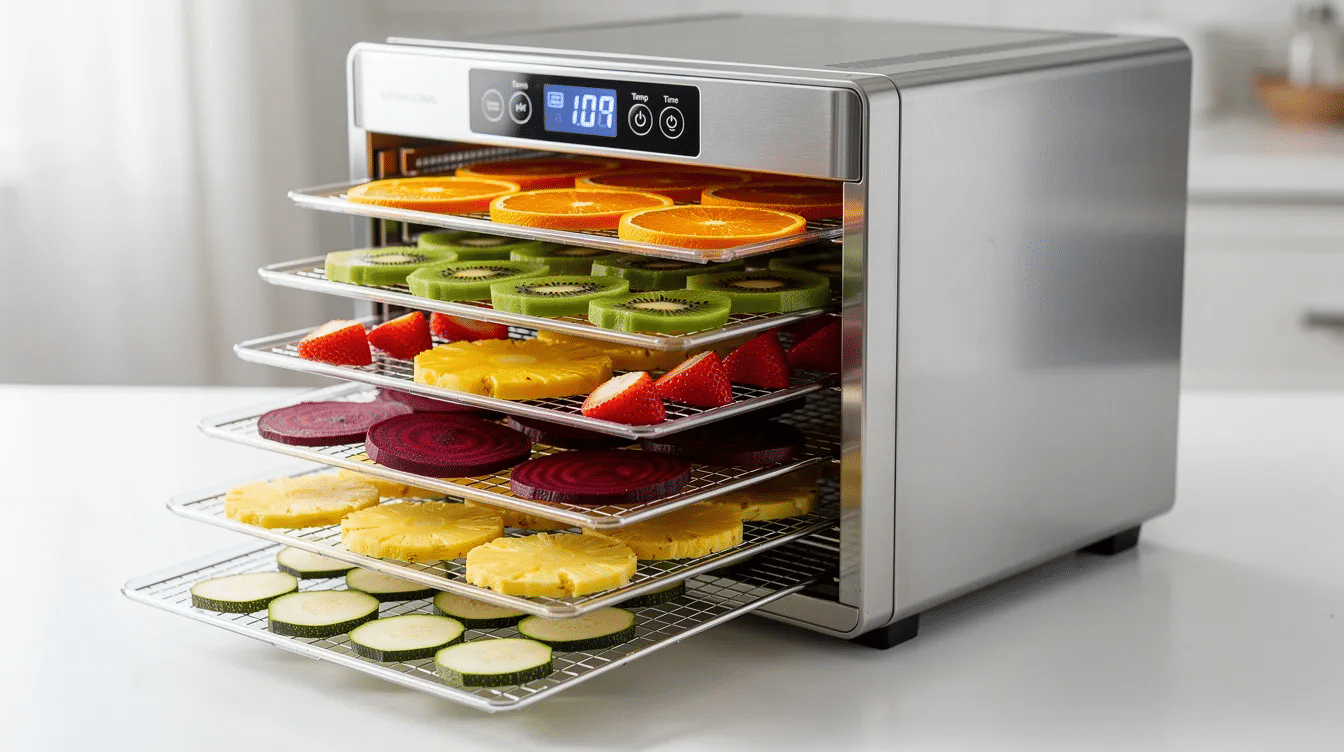September 15, 2026 | The image features a modern stainless steel food dehydrator, showcasing multiple trays filled with vibrant, thinly sliced fruits and vegetables, ready for the dehydration process. This energy-efficient kitchen appliance utilizes hot air and proper airflow to remove moisture, improving the shelf life and taste of the dehydrated food.