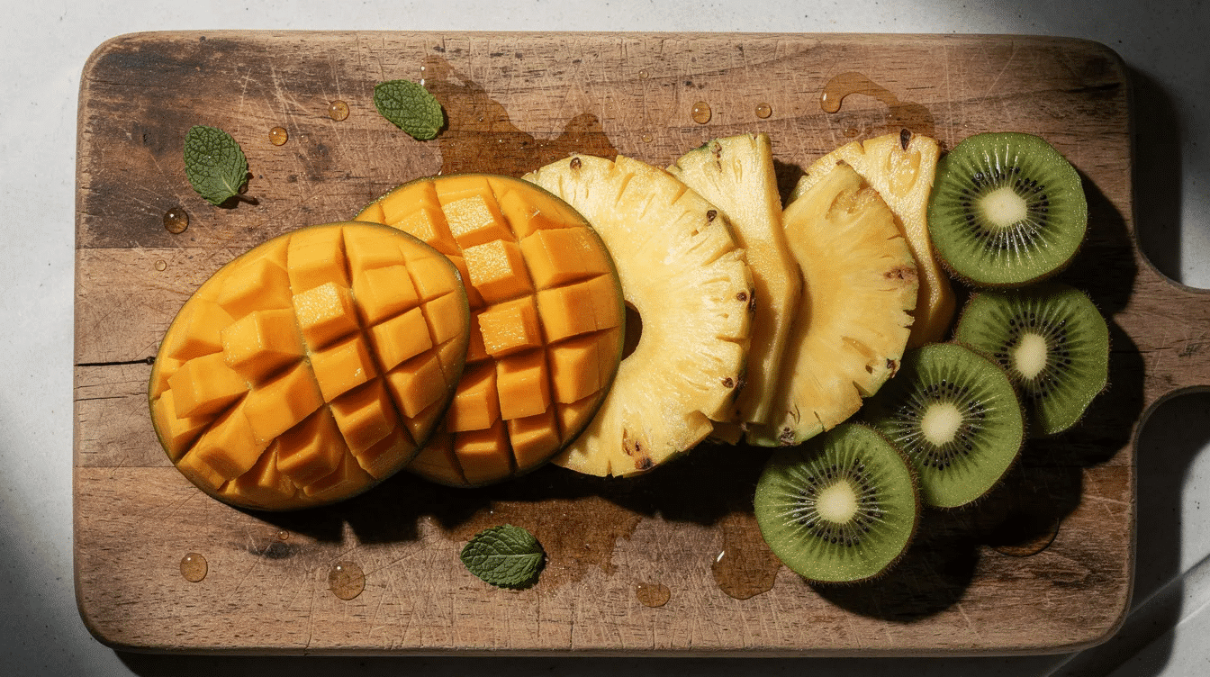 The image features a vibrant arrangement of sliced tropical fruits, including juicy mango, sweet pineapple, and tart kiwi, all beautifully displayed on a rustic wooden cutting board. This colorful medley highlights the natural beauty of real fruit, perfect for creating homemade vegan fruit snacks or a refreshing addition to any meal.