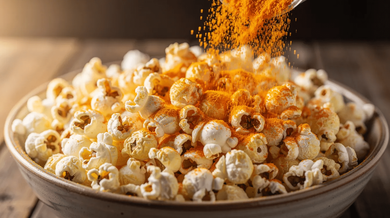 A bowl of freshly popped popcorn is shown with a generous sprinkle of powdered cheese on top, creating a crunchy and flavorful snack. This image captures the delightful texture and vibrant color of the cheese, perfect for enhancing the popcorn's taste.