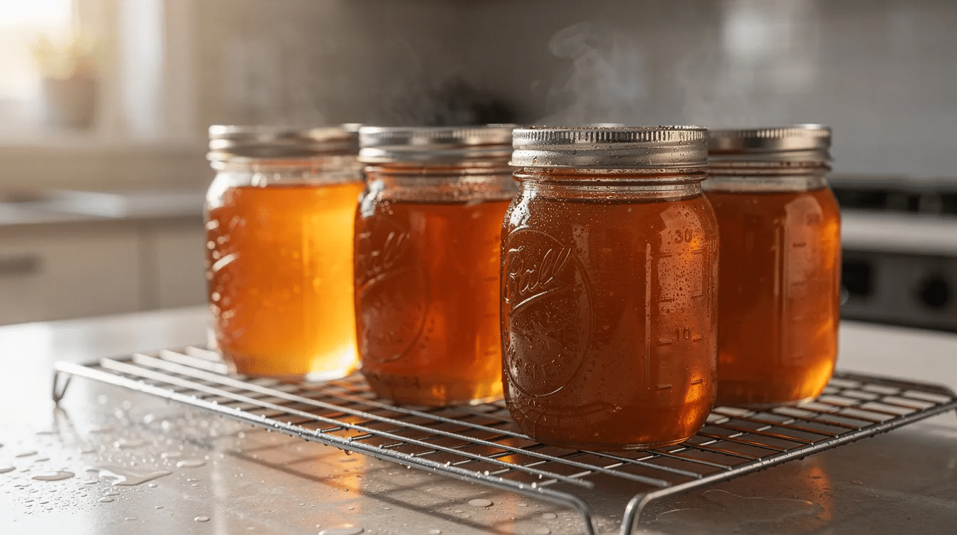 The image depicts sealed mason jars with concave lids cooling on a wire rack after being processed through water bath canning, showcasing a variety of preserved foods. The jars, made of glass, are arranged neatly, indicating a successful home food preservation effort.