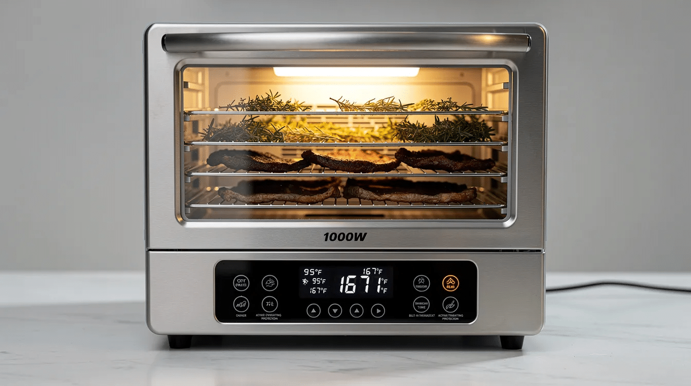 The image depicts an advanced food dehydrator featuring a digital control panel with adjustable temperature settings ranging from 95°F to 167°F. It showcases a clear glass door that allows users to monitor the drying process without interruption, along with stainless steel trays designed for efficient airflow and easy cleaning.