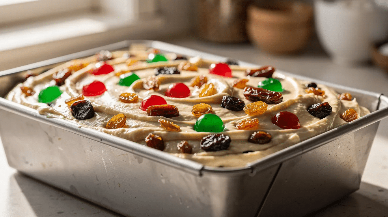 A loaf pan filled with fruitcake batter showcases a colorful array of dried fruit, including golden raisins and candied cherries, mixed throughout the moist cake mixture. The batter is ready for baking, promising a delightful homemade fruit cake perfect for the holiday season.