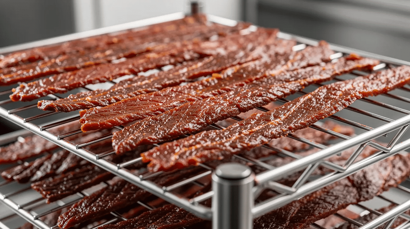 The image features fresh beef jerky strips neatly arranged on stainless steel racks inside a food dehydrator, showcasing the process of food dehydration for preserving meat. The stainless steel trays allow for even drying, ensuring the jerky maintains its nutritional value and flavor.