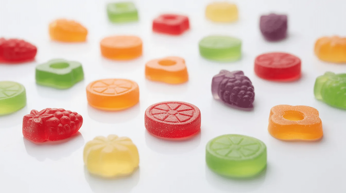 The image features a vibrant assortment of colorful gummy fruit snacks in various shapes, such as bears and fruits, scattered across a white surface. These chewy treats, often made with real fruit puree and artificial flavors, are a popular choice for kids and a fun homemade fruit snack option.