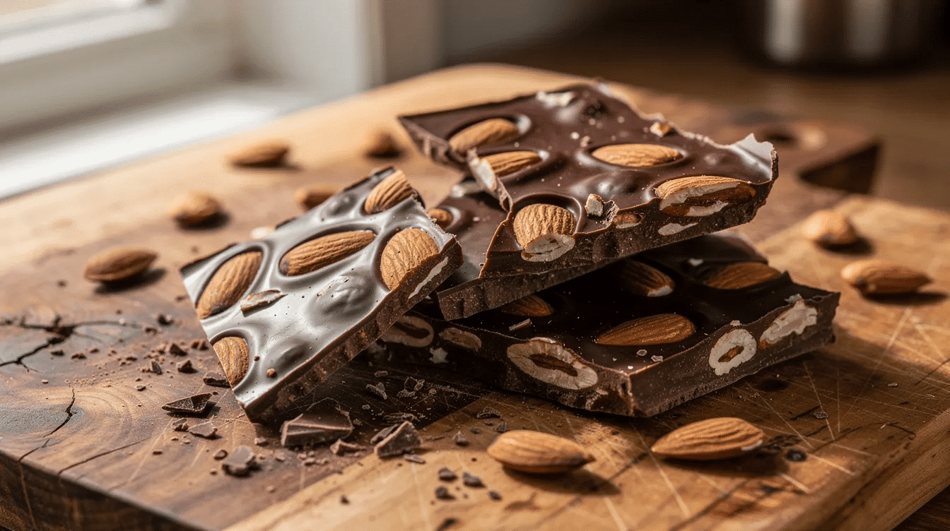 The image shows pieces of dark chocolate bark, studded with whole roasted almonds, arranged on a wooden cutting board. This delicious chocolate almond bark is perfect for chocolate lovers, offering a satisfying crunch and a vegan-friendly treat.