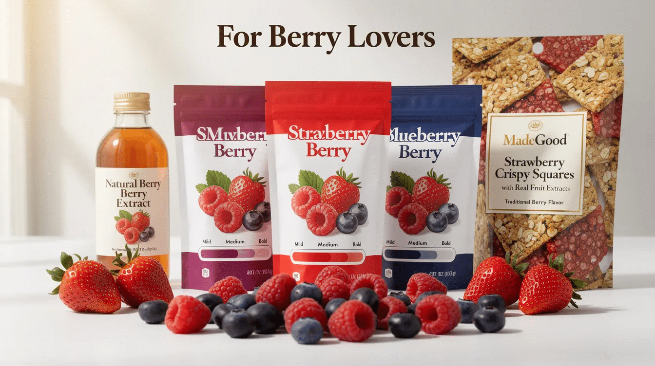 The image showcases an assortment of colorful fruit snacks, prominently featuring square-shaped treats made with real strawberries, raspberries, and blueberries. These delicious snacks highlight the vibrant colors and textures of the berries, appealing to both children and adults looking for a tasty treat.