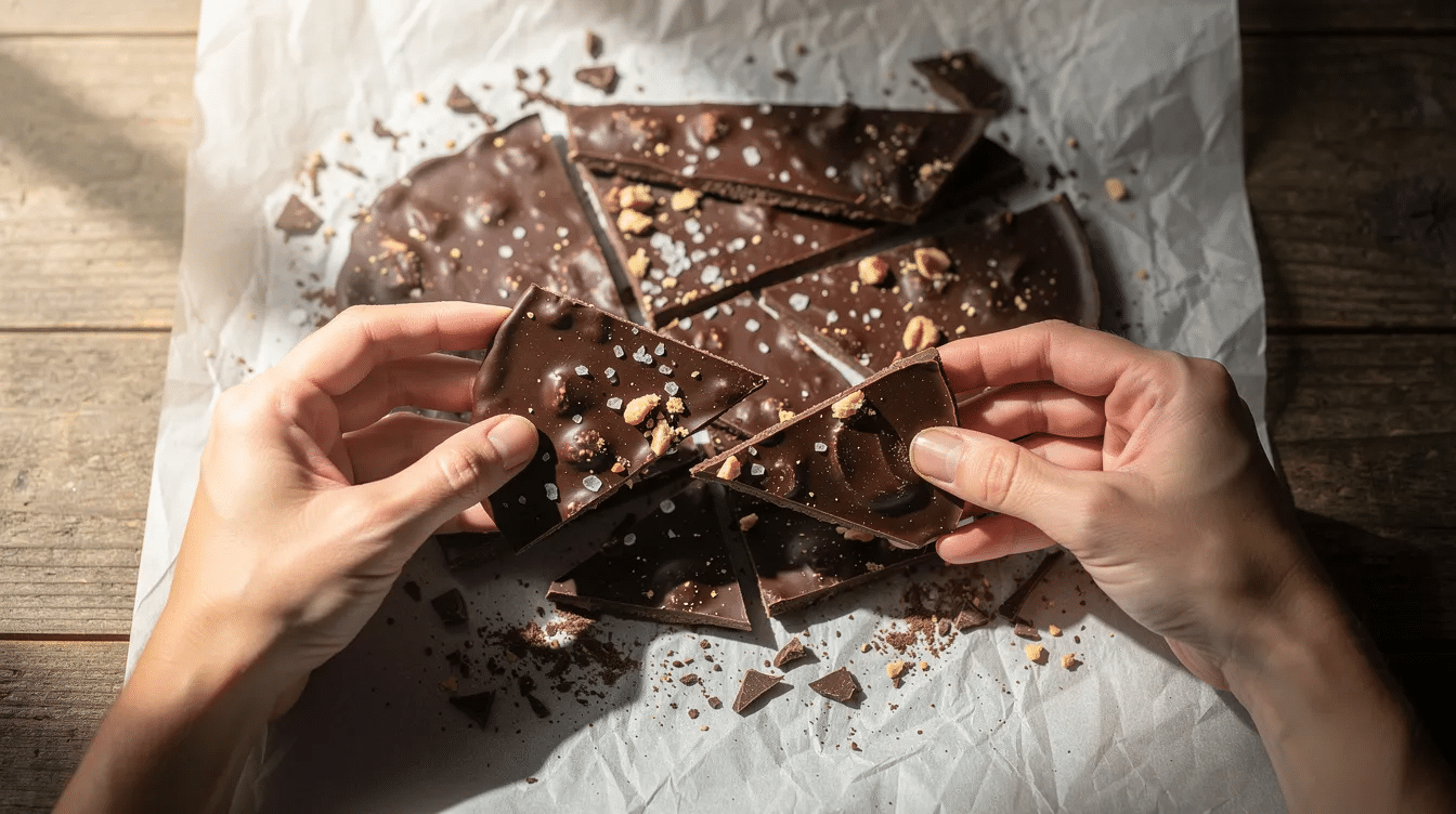 Two hands are breaking dark chocolate bark into irregular pieces over a sheet of parchment paper, revealing the rich texture of the chocolate and its glossy surface. The scene captures the process of preparing chocolate bark, emphasizing the delightful chaos of broken chunks and the anticipation of enjoying this sweet treat.