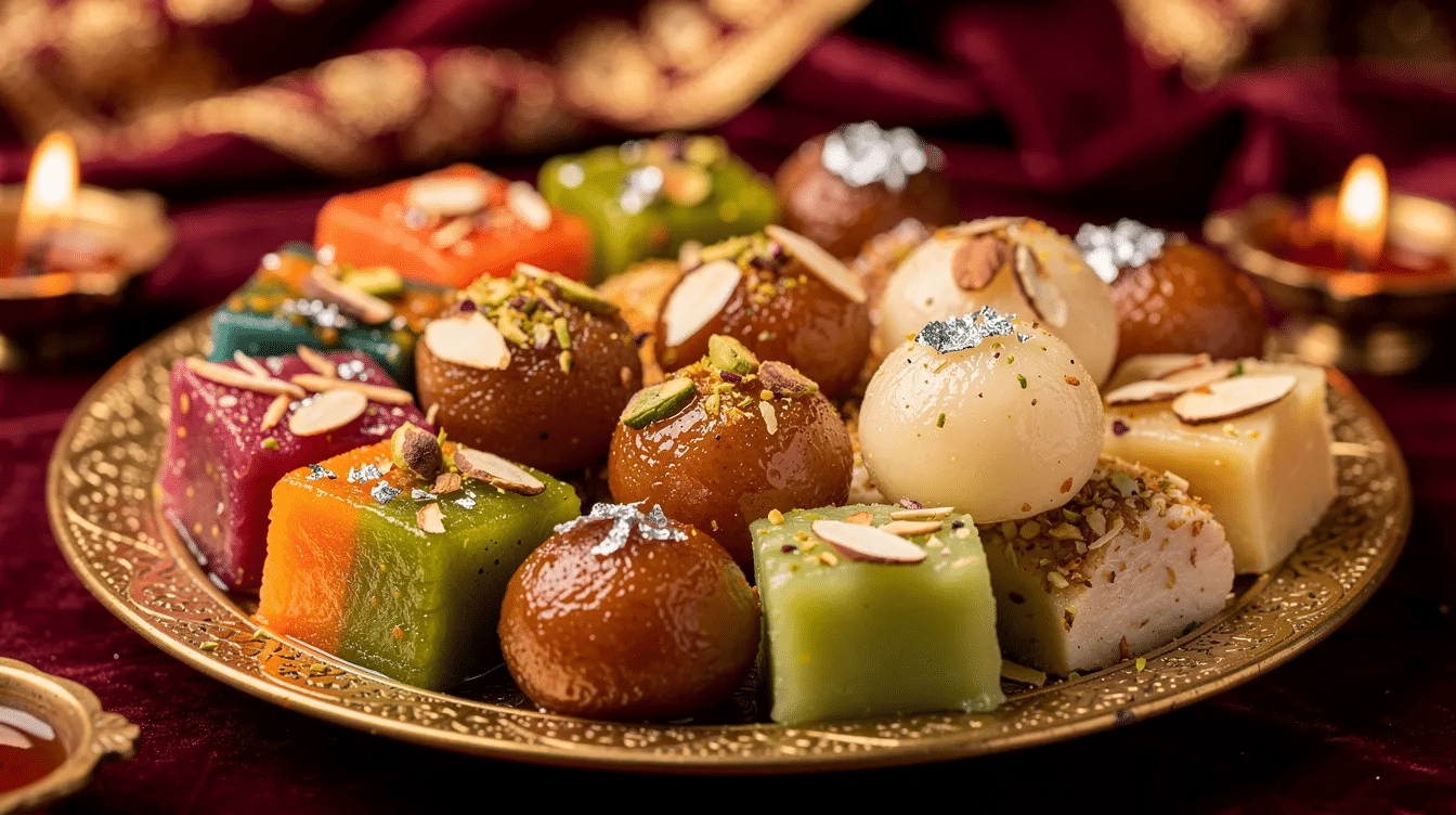 The image features an assortment of elaborate Indian sweets and desserts, beautifully garnished with slivered almonds and pistachios, showcasing their rich texture and sweet taste. These treats, often made using traditional recipes, highlight the natural goodness of dry fruits, offering a delicious and nutritious option for those seeking a healthy lifestyle.