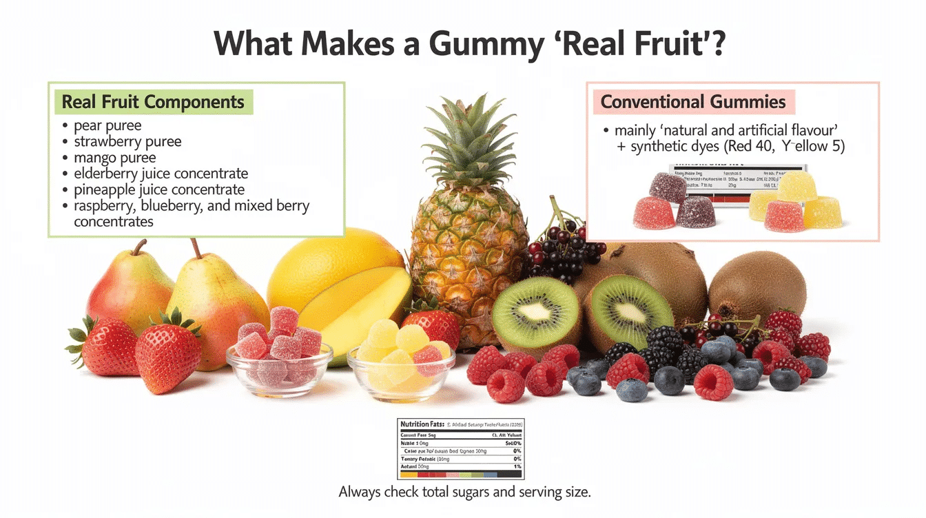 The image showcases a variety of colorful fruit gummies made with real fruit puree, including pear, strawberry, and mango, arranged in fun shapes. These delicious fruit snacks highlight their freshness and vibrant colors, appealing to both kids and adults looking for healthy snacks.