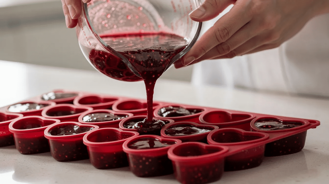 The image shows hands pouring a vibrant red fruit mixture into heart-shaped silicone molds, preparing to create homemade fruit gummies. The mixture likely contains natural fruit juices, making it a fun and healthy project for homemade fruit snacks.