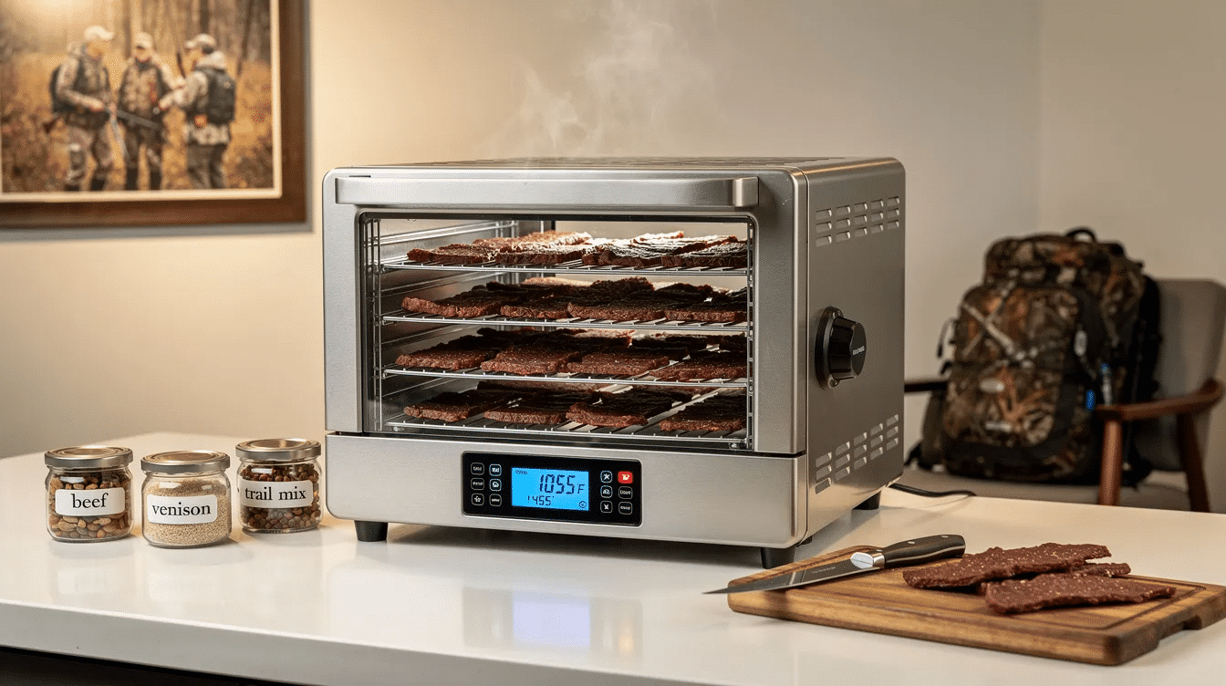 The image features a professional-quality food dehydrator designed for making jerky, equipped with a digital control panel for precise temperature management between 145°F and 165°F. It showcases stainless steel trays, a clear glass door, and an interior light, highlighting its efficient airflow and durable design, ideal for processing various meats and snacks.