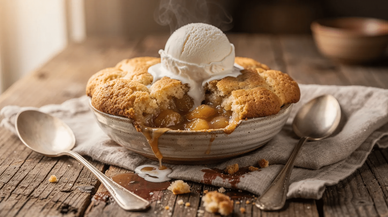 The image features a rustic table setting showcasing a warm mixed berry cobbler served in a bowl, topped with a melting scoop of homemade vanilla ice cream. The cobbler has a golden brown crust, invitingly contrasting with the vibrant colors of the mixed berries.