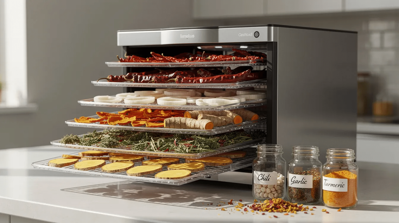 The image features a variety of dehydrator spices, including onion powder, garlic powder, and a selection of dried herbs like parsley, basil, and thyme, all arranged on a dehydrator tray. These home-dried spices are perfect for preserving food and enhancing flavor in recipes while minimizing food waste.