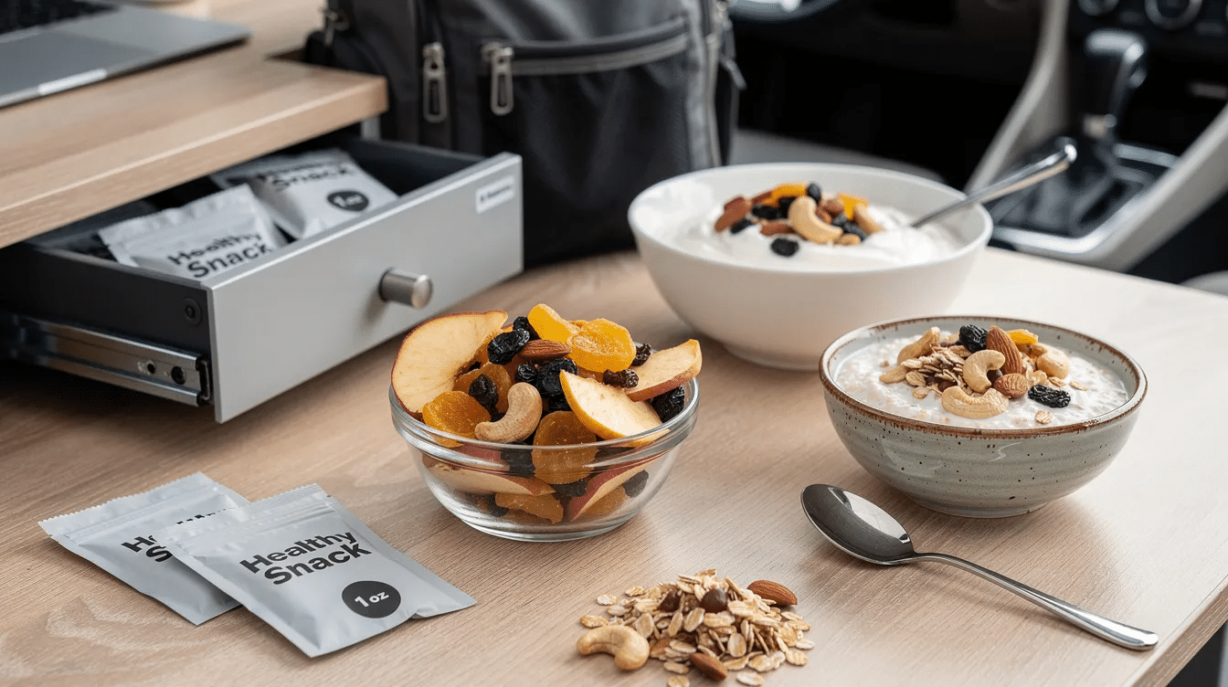 A small handful of dried fruits, including apple slices and raisins, is displayed alongside yogurt and nuts, emphasizing their role as healthy snacks. This image highlights the convenience of California dried fruits for active lifestyles, perfect for on-the-go nutrition without the need for refrigeration.