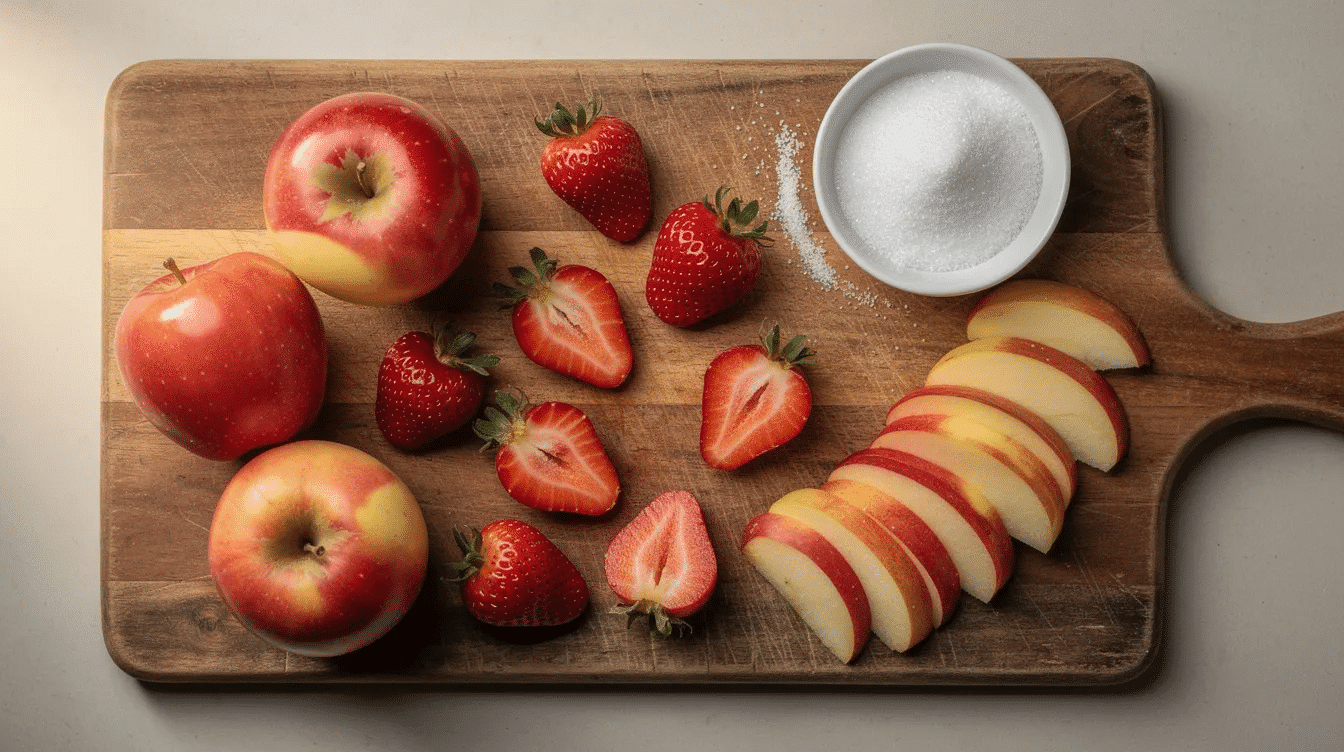 A wooden cutting board displays a vibrant arrangement of fresh strawberries and ripe apples, accompanied by a bowl of sugar, ideal for making jams and jellies. The colorful fruits highlight the essence of home canning and preserving, inviting thoughts of delicious fruit butters and soft fruit jellies.